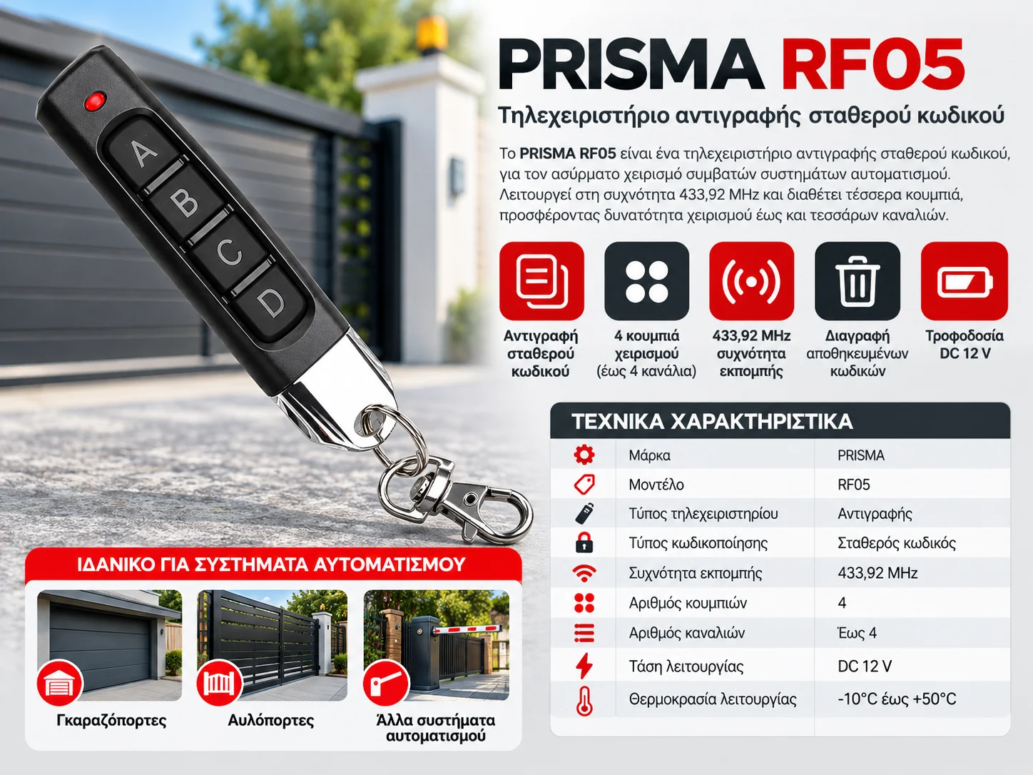 PRISMA RF05 – Τηλεχειριστήριο αντιγραφής σταθερού κωδικού 433,92 MHz 1 PRISMA RF05 είναι ένα τηλεχειριστήριο αντιγραφής σταθερού κωδικού
